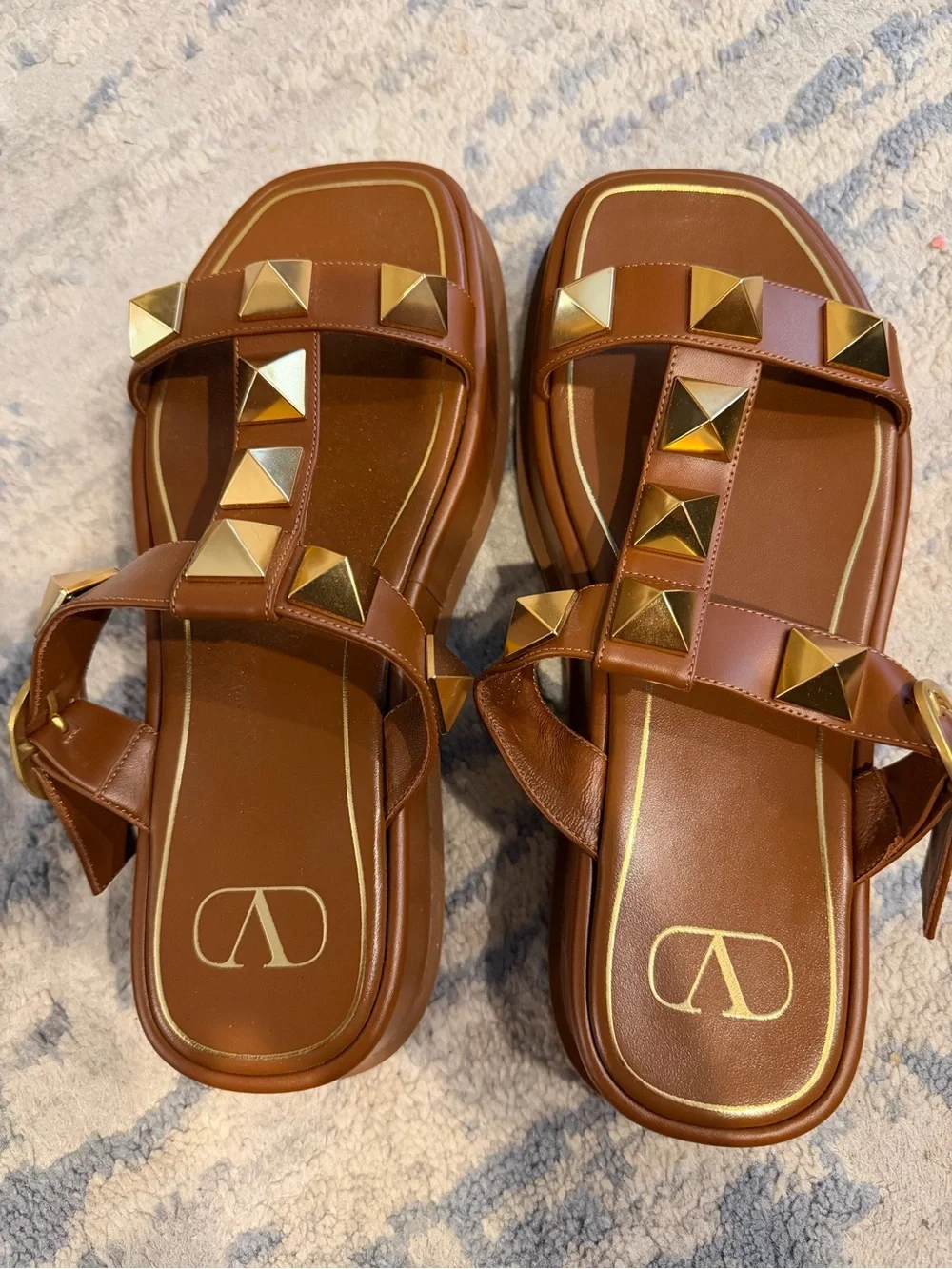 Valentino Garavani Brown Kids Studded Slide Sandals with Gold Accents